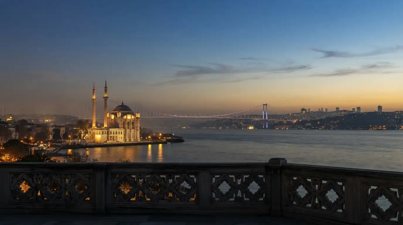 Evening over the Bosphorus with the Ortaköy Mosque and bridge, seen from a terrace in Istanbul